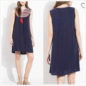 THML navy embroidered tassel sleeveless shift dress sz S